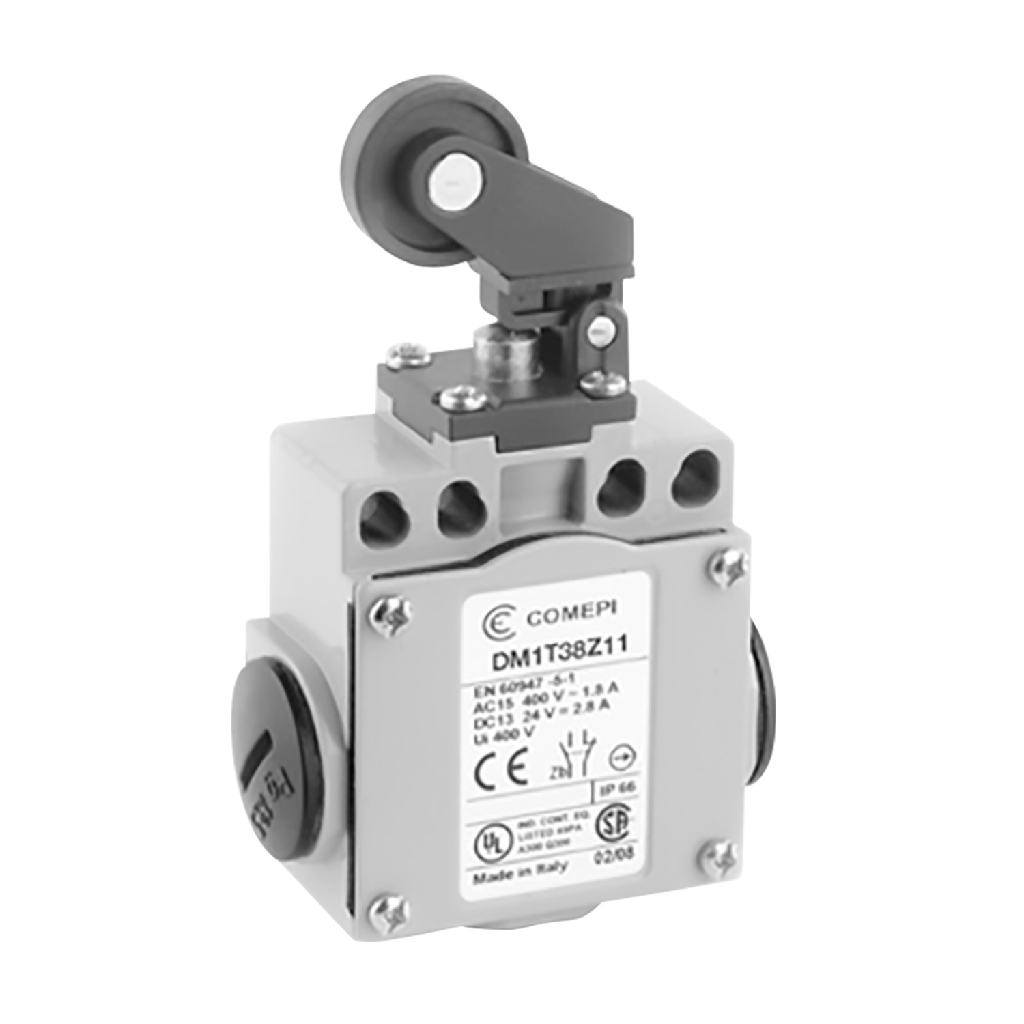 [DM1-T38Z11] INTERRUPTOR FINAL D/CARRERA PALANCA Y ROLDANA PLÁSTICA NA+NC 120VAC 6A CAPACIDAD: 24/400V - 4/10A